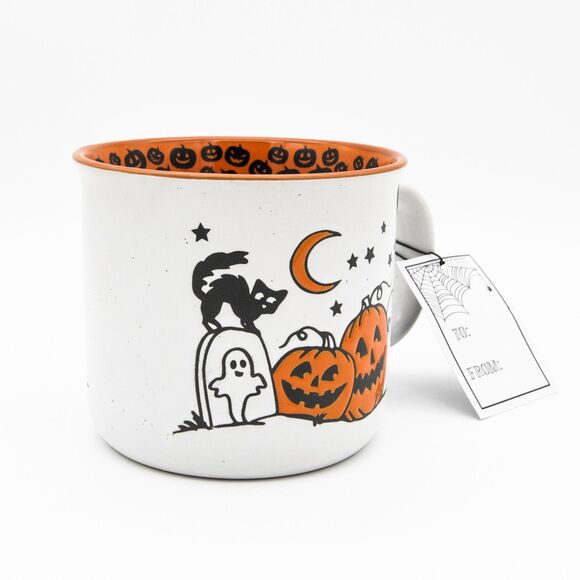 Halloween Pumpkin Mug, 23oz White Ceramic Mug w/ Black Cat Graveyard Design, New - Picture 6 of 10